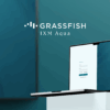 Laptop displaying Grassfish IXM Aqua software interface with the title text 
