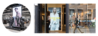 A composite image showcasing two retail displays. On the left, a fashion store features mannequins dressed in formal attire, positioned in front of a large digital advertisement displaying a male model. On the right, a storefront window displays a digital screen featuring a female model in a white suit. The glass reflects a pedestrian walking by and a row of parked bicycles.