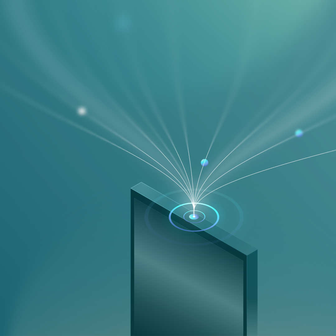 Abstract digital illustration of a display with glowing lines and particles emerging from its top, symbolizing data transfer.